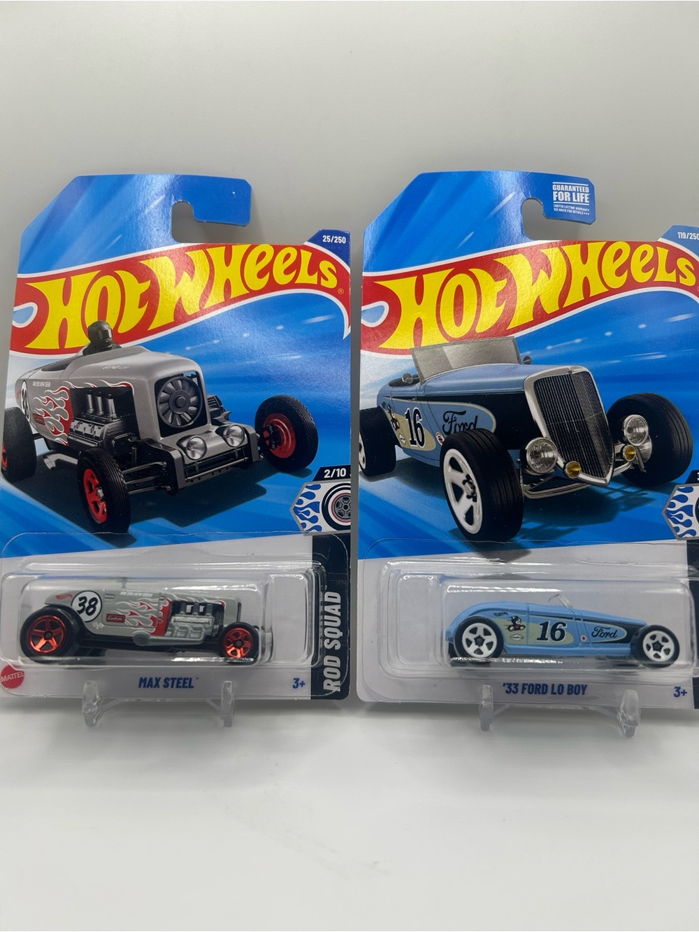 Hot Wheels Blue '33 Ford Lo Boy and Gray Max Steel 🔥🛞 Rod Squad